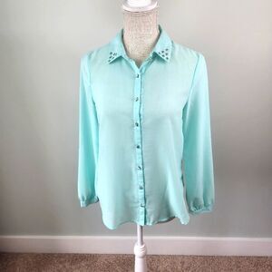 MINE WOMEN'S SHEER BUTTON DOWN SILVER EMBELLISHED BUTTONS OPEN BACK SIZE SMALL